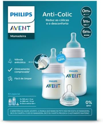 Kit 2 Mamadeiras ANTICOLIC Azul 125/260mL + Bico Extra 6m+ - Philips Avent