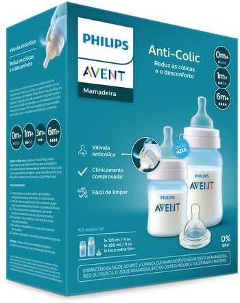 Kit 2 Mamadeiras ANTICOLIC Azul 125/260mL + Bico Extra 6m+ - Philips Avent