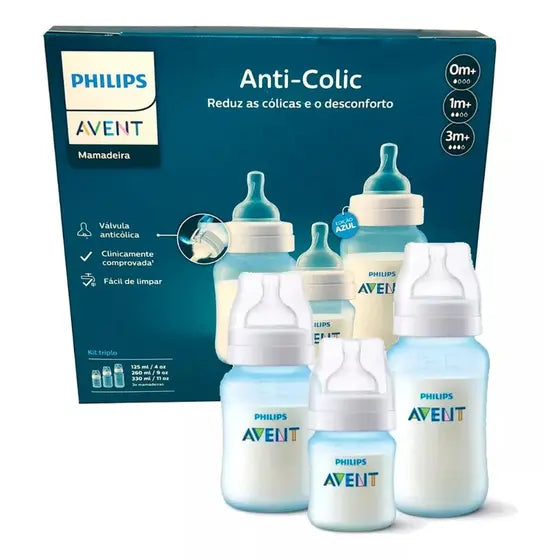 Kit 3 Mamadeiras Clássica Anticólica Azul - Philips Avent