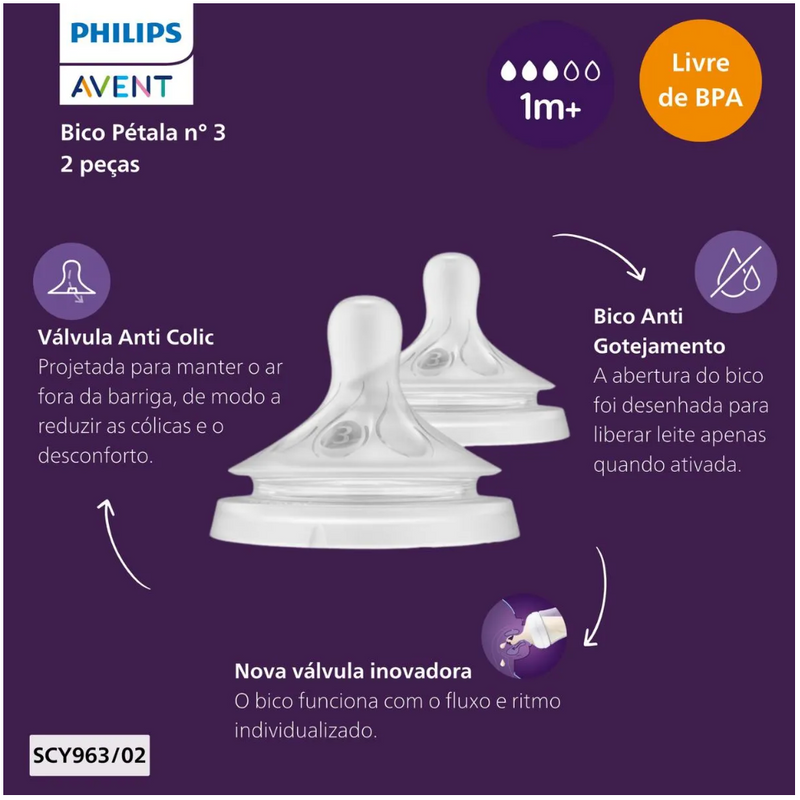 Kit 2 Bicos Mamadeira Pétala 3.0 T3 1m+ - Philips Avent