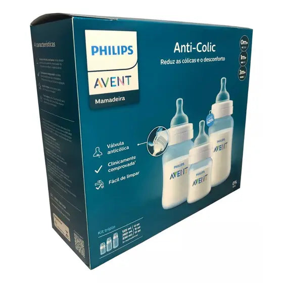 Kit 3 Mamadeiras Clássica Anticólica Azul - Philips Avent