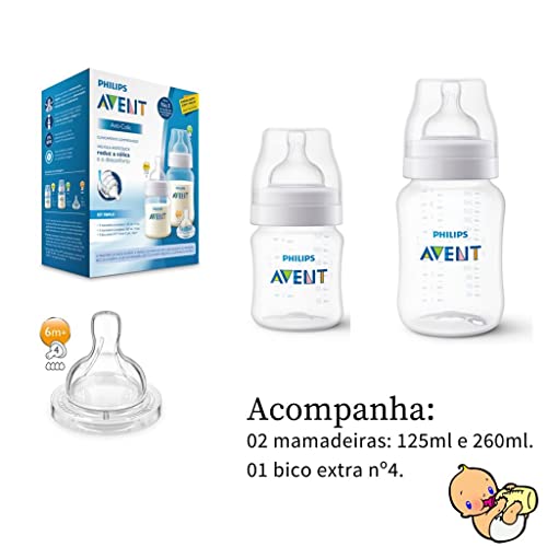 Kit 2 Mamadeiras ANTICOLIC 125ML + 260ML + Bico Extra 6m+ Philips Avent 809/16