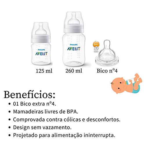 Kit 2 Mamadeiras ANTICOLIC 125ML + 260ML + Bico Extra 6m+ Philips Avent 809/16