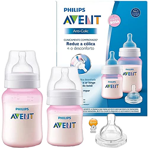 Kit 2 Mamadeiras Anti Colica 125 e 260ml Rosa + Bico Extra - Philips Avent